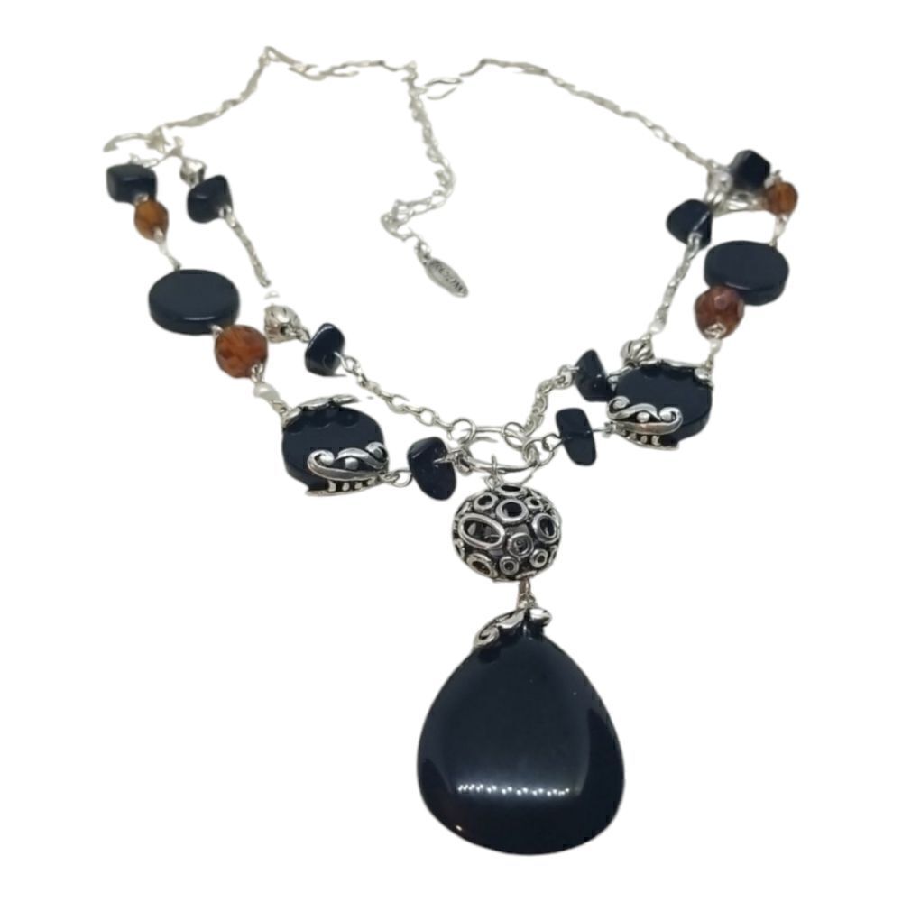 Traci Lynn Black Pendant Drop Double Strand Silver Chain Pearl Brown Necklace